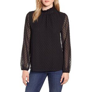 Gibson Black Victorian High‎ Neck Swiss Dot Long Sleeve Top XS
